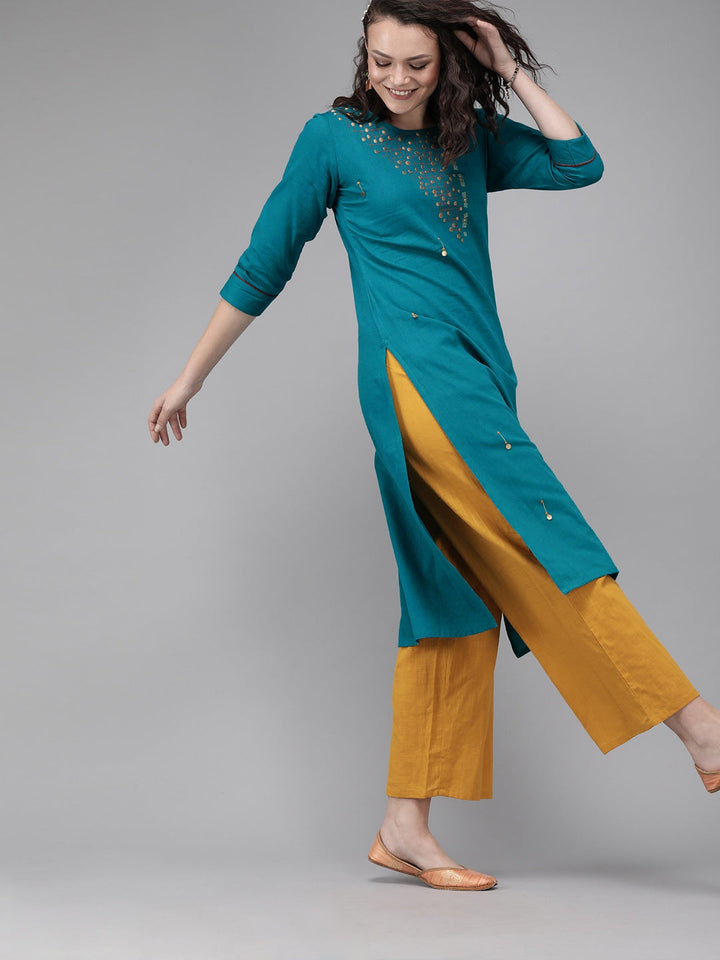 Teal Blue Straight Kurta-Yufta Store-7259KURRGM