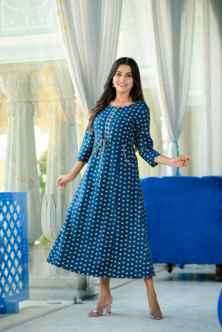 Teal Blue & White Dress-Yufta Store-7667KURTBS