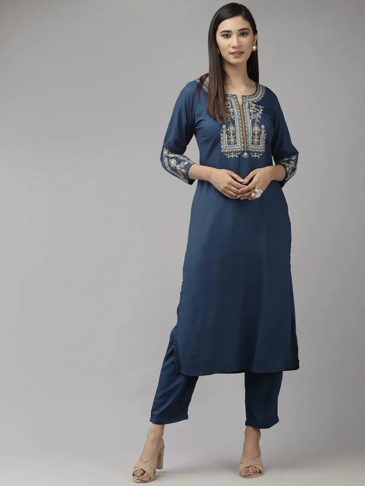 Teal Blue Yoke Design Kurta Set-Yufta Store-9270SETBLS