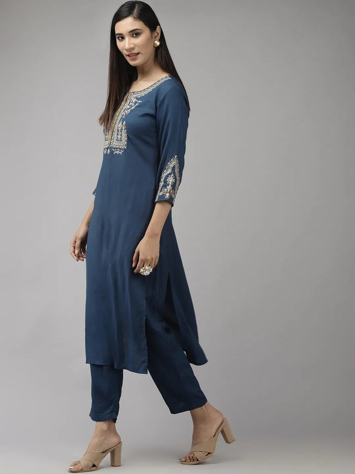 Teal Blue Yoke Design Kurta Set-Yufta Store-9270SETBLS