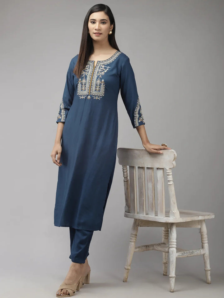 Teal Blue Yoke Design Kurta Set-Yufta Store-9270SETBLS