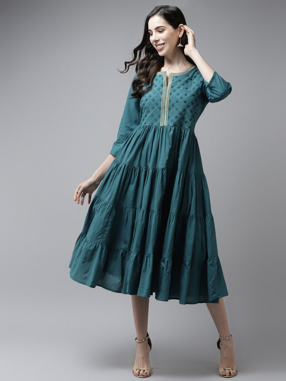 Teal Embroidered Midi Dress