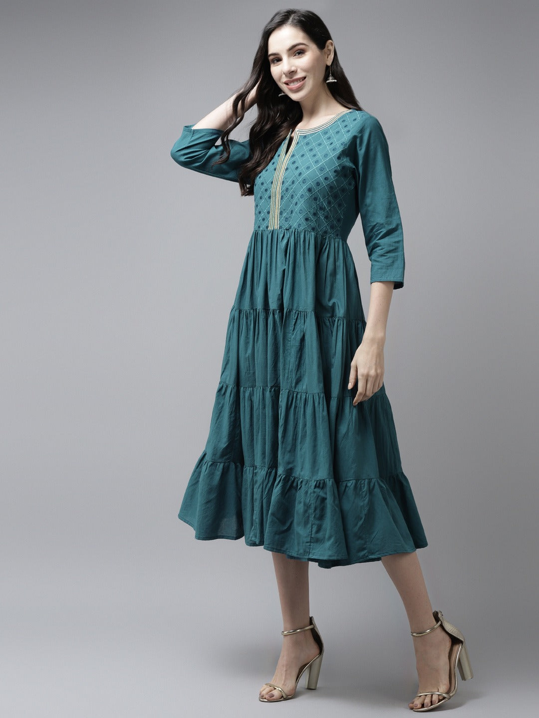 Teal Embroidered Midi Dress-Yufta Store-1680DRSTBS