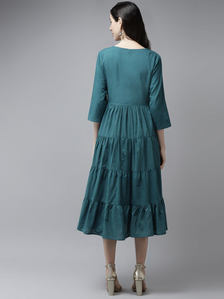 Teal Embroidered Midi Dress-Yufta Store-1680DRSTBS