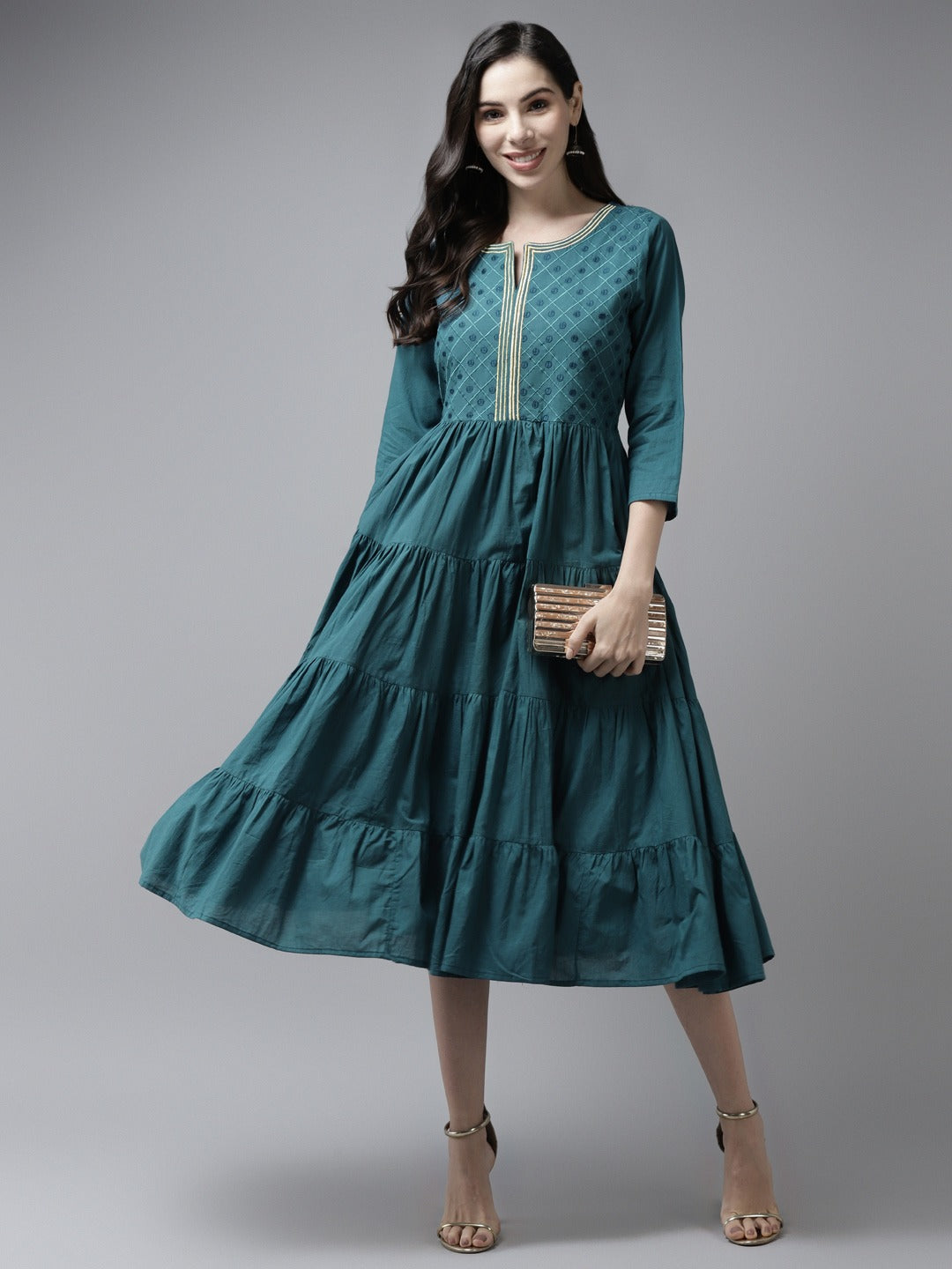 Teal Embroidered Midi Dress-Yufta Store-1680DRSTBS