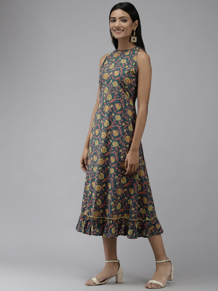 Teal Floral Dress-Yufta Store-9445DRSBLS