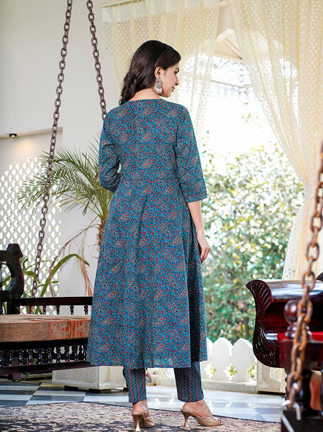 Teal Floral Embroidered Regular Thread Work Pure Cotton Kurta with Trousers & With Dupatta-Yufta Store-1622SKDTBS