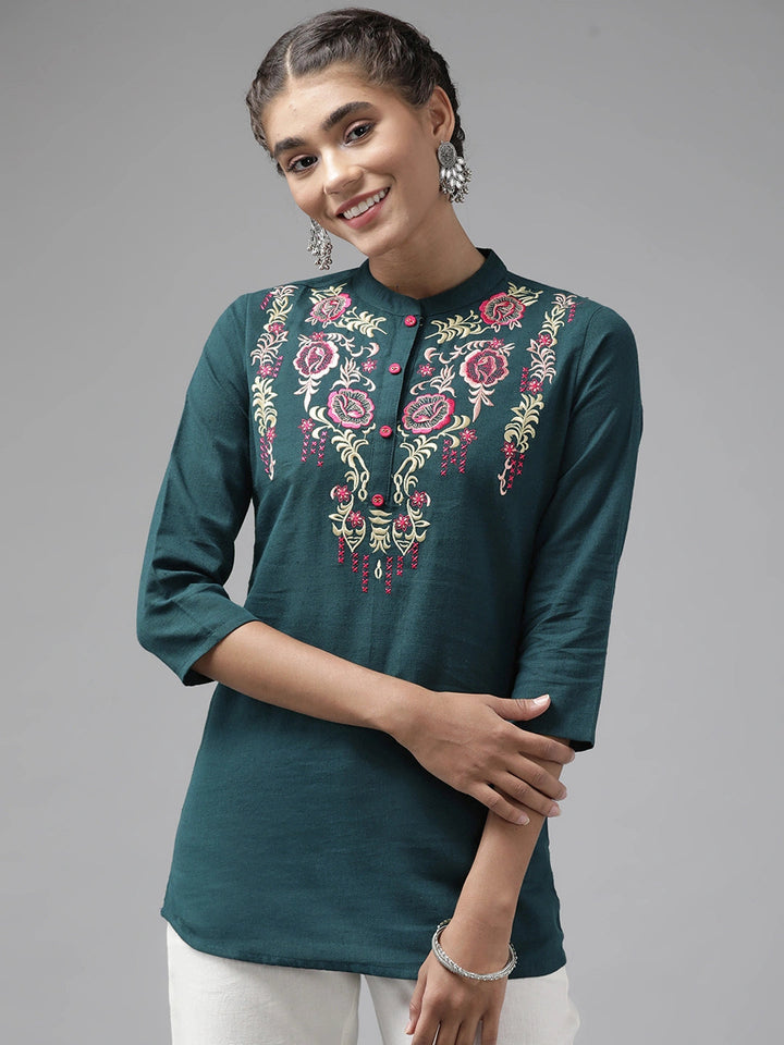 Teal Floral Embroidered Top-Yufta Store-9737TOPTBS