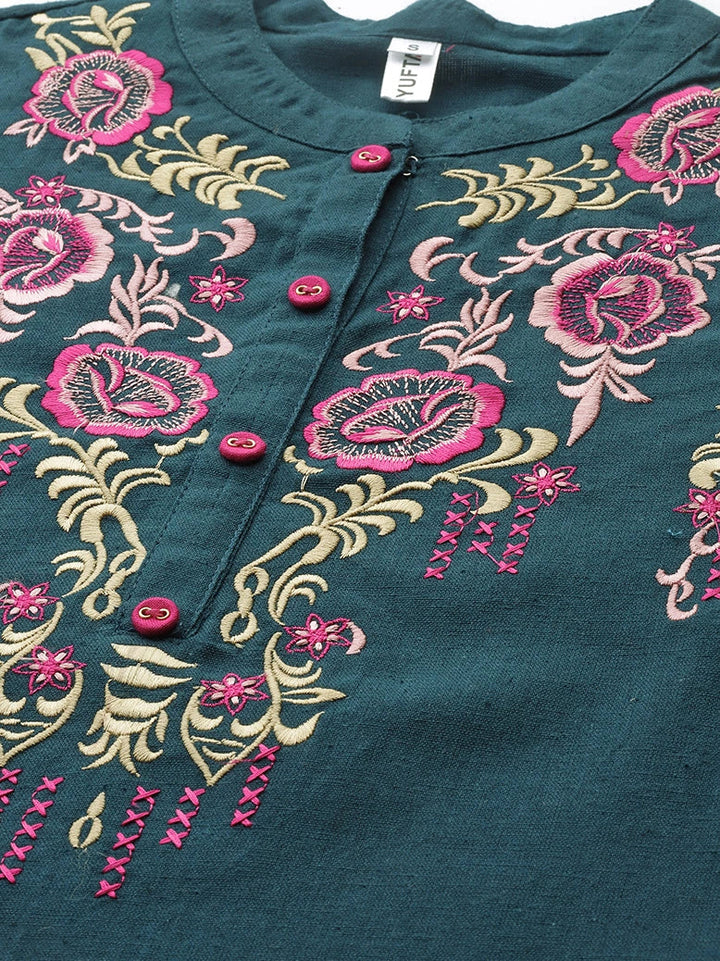 Teal Floral Embroidered Top-Yufta Store-9737TOPTBS