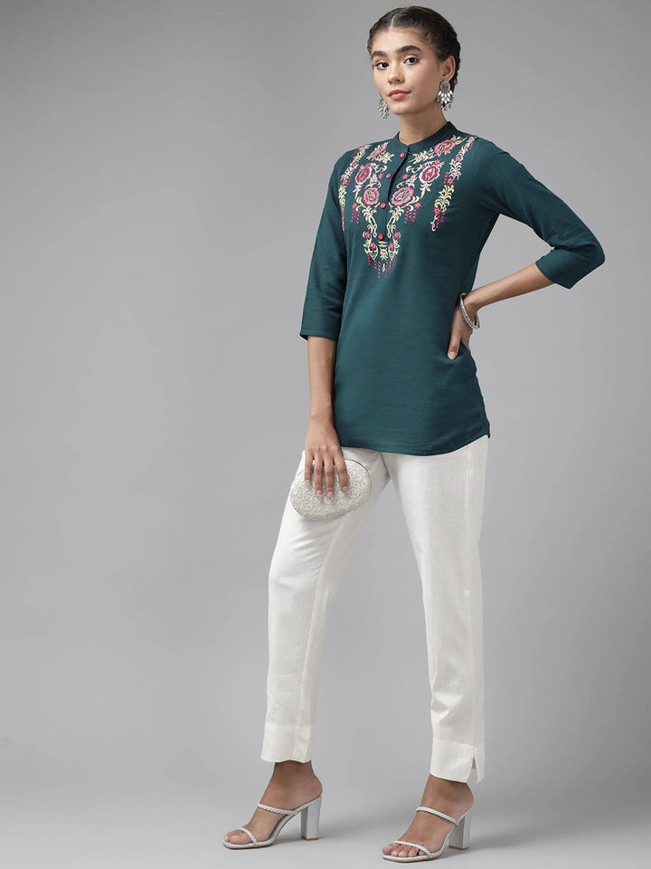 Teal Floral Embroidered Top-Yufta Store-9737TOPTBS