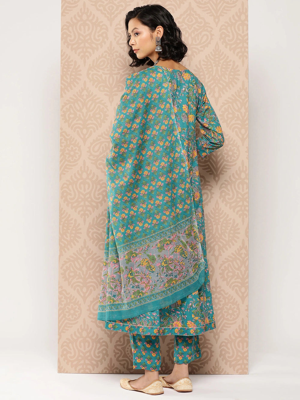 Teal Floral Printed Anarkali Shape Cotton Kurta Dupatta Set-Yufta Store-1235SKDBLS