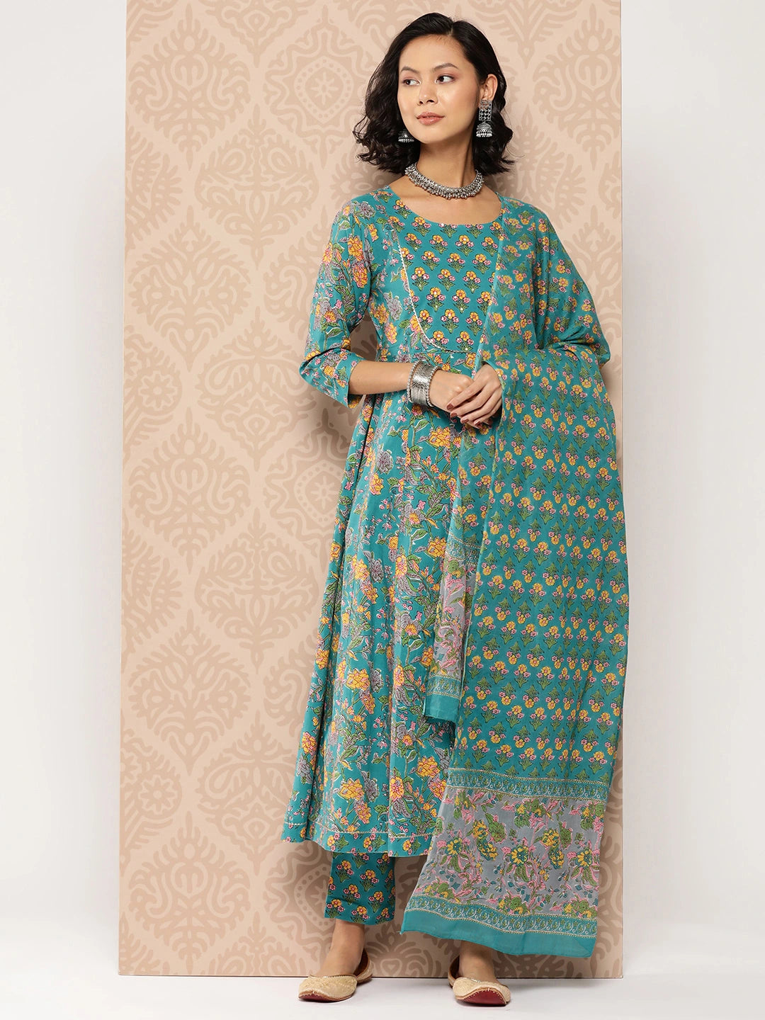 Teal Floral Printed Anarkali Shape Cotton Kurta Dupatta Set-Yufta Store-1235SKDBLS