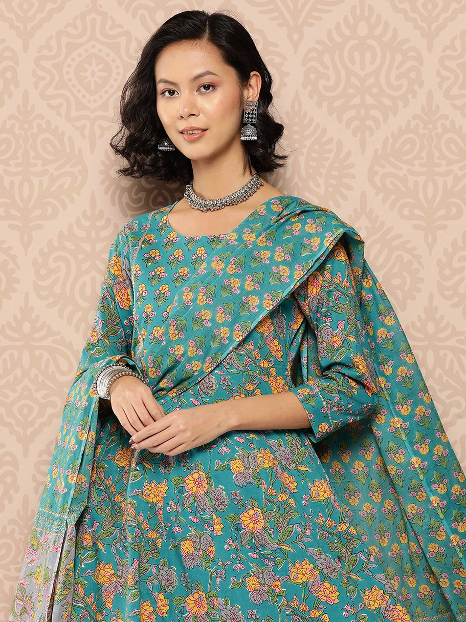 Teal Floral Printed Anarkali Shape Cotton Kurta Dupatta Set-Yufta Store-1235SKDBLS