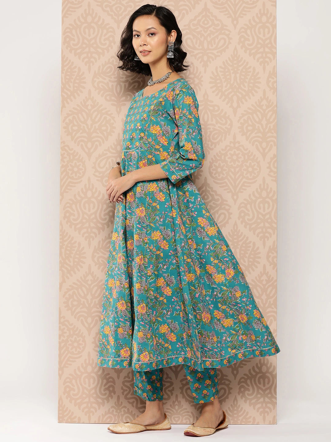 Teal Floral Printed Anarkali Shape Cotton Kurta Dupatta Set-Yufta Store-1235SKDBLS