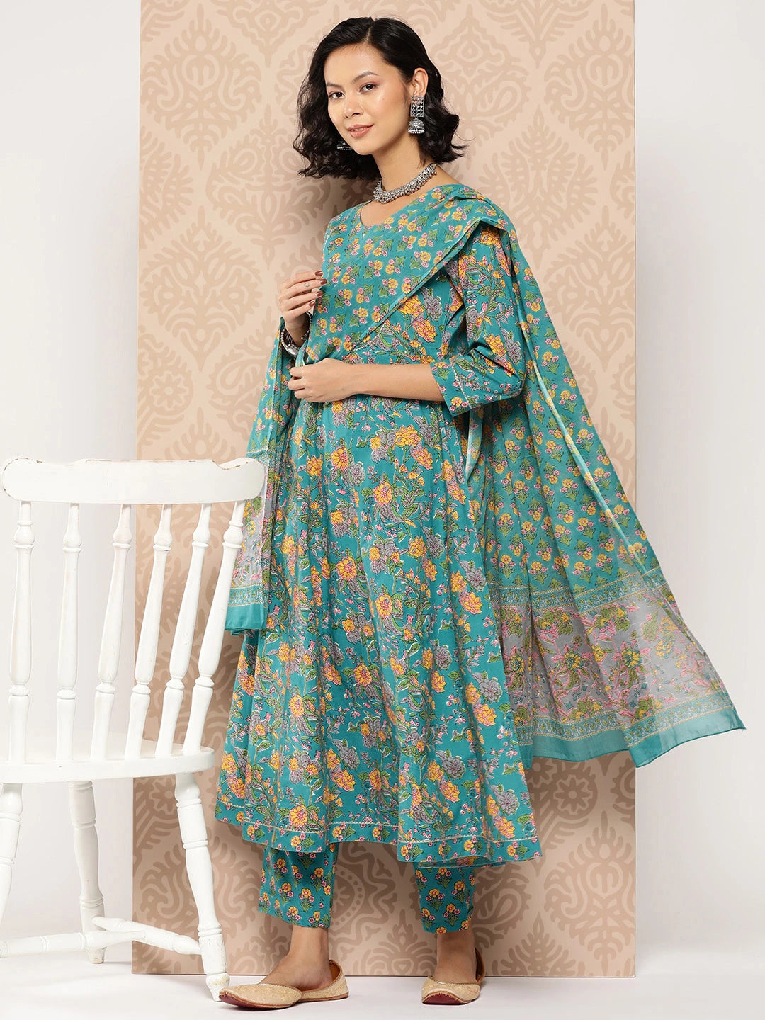 Teal Floral Printed Anarkali Shape Cotton Kurta Dupatta Set-Yufta Store-1235SKDBLS
