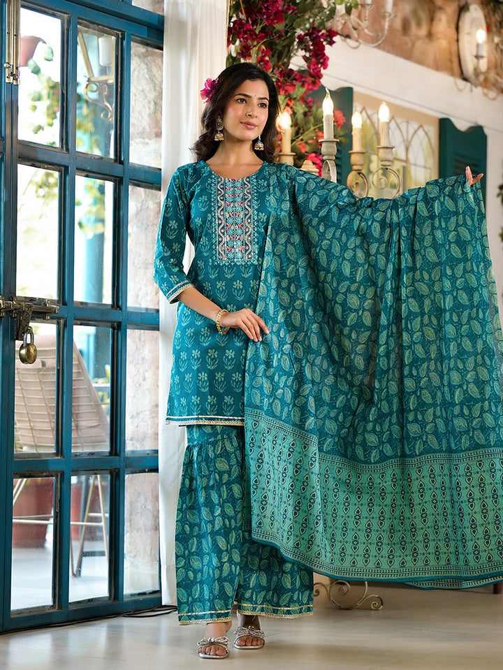 Teal Floral,Sequins_Work Kurta Sharara with Dupatta Set-Yufta Store-1788SKDTGS