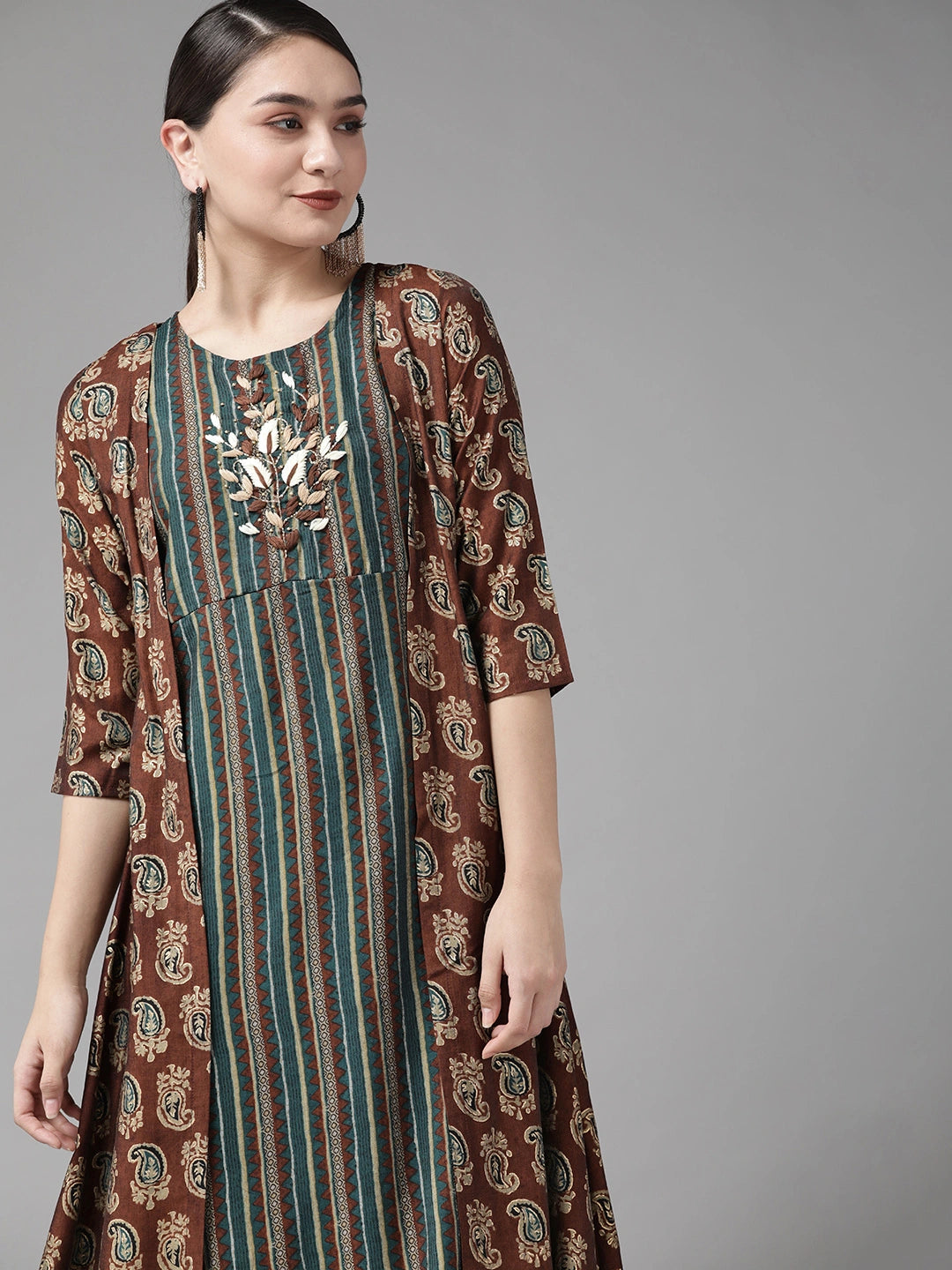 Teal Green & Coffee Brown Dress with Jacket-Yufta Store-4604DRSBRS