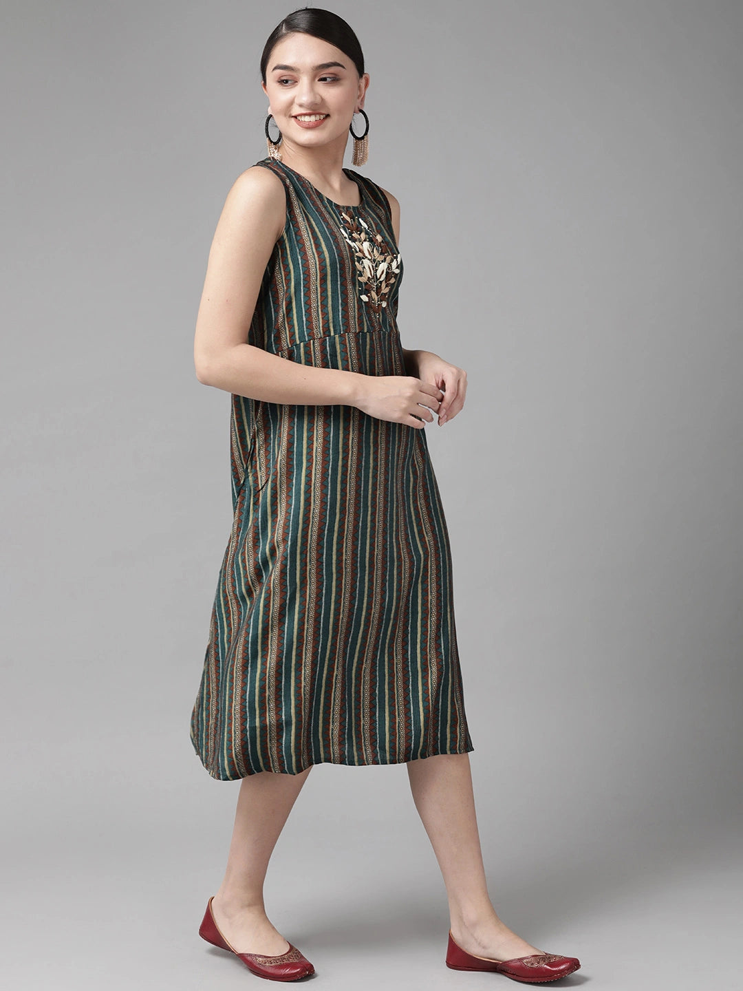 Teal Green & Coffee Brown Dress with Jacket-Yufta Store-4604DRSBRS