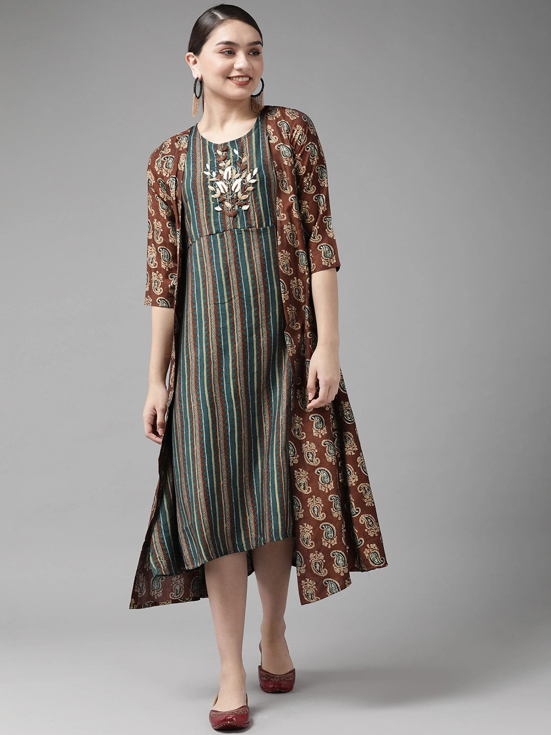 Teal Green & Coffee Brown Dress with Jacket-Yufta Store-4604DRSBRS