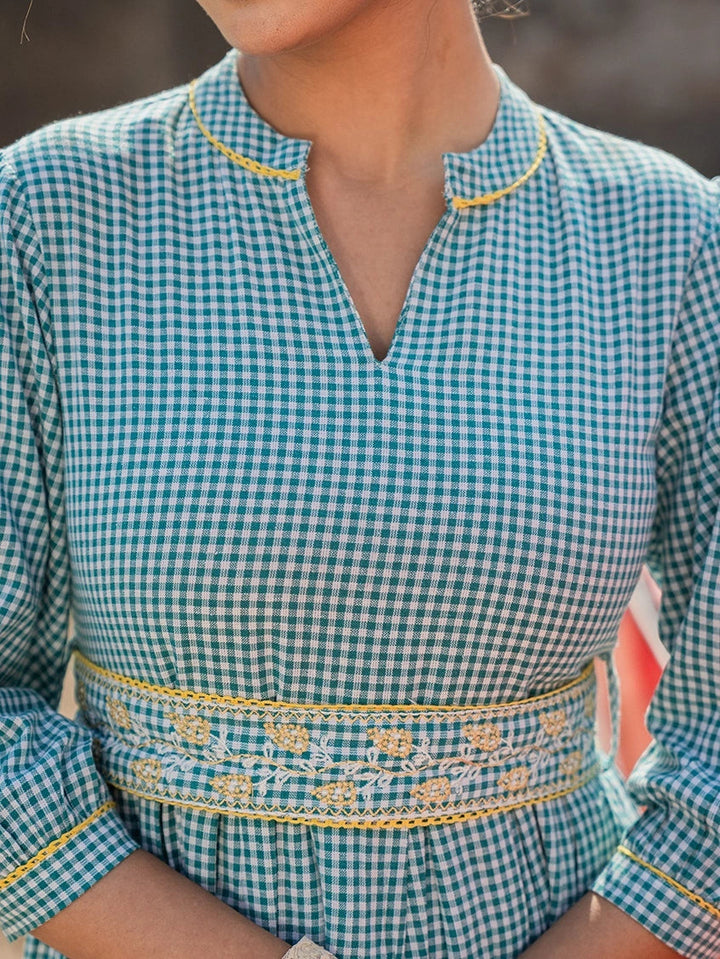 Teal Green Cotton Check Comes With A Belt Dress-Yufta Store-1802DRSTGS