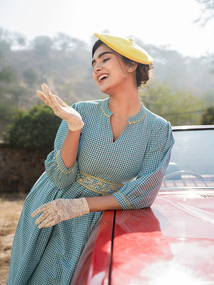 Teal Green Cotton Check Comes With A Belt Dress-Yufta Store-1802DRSTGS