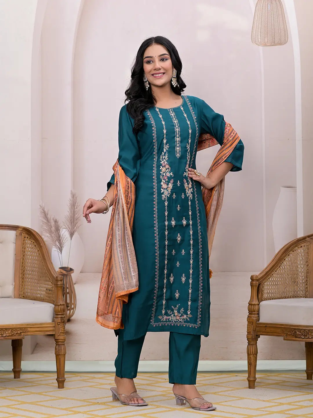 Teal Green Embroidered Silk Blend Straight Kurta Dupatta Set-Yufta Store-7124SKDTGS