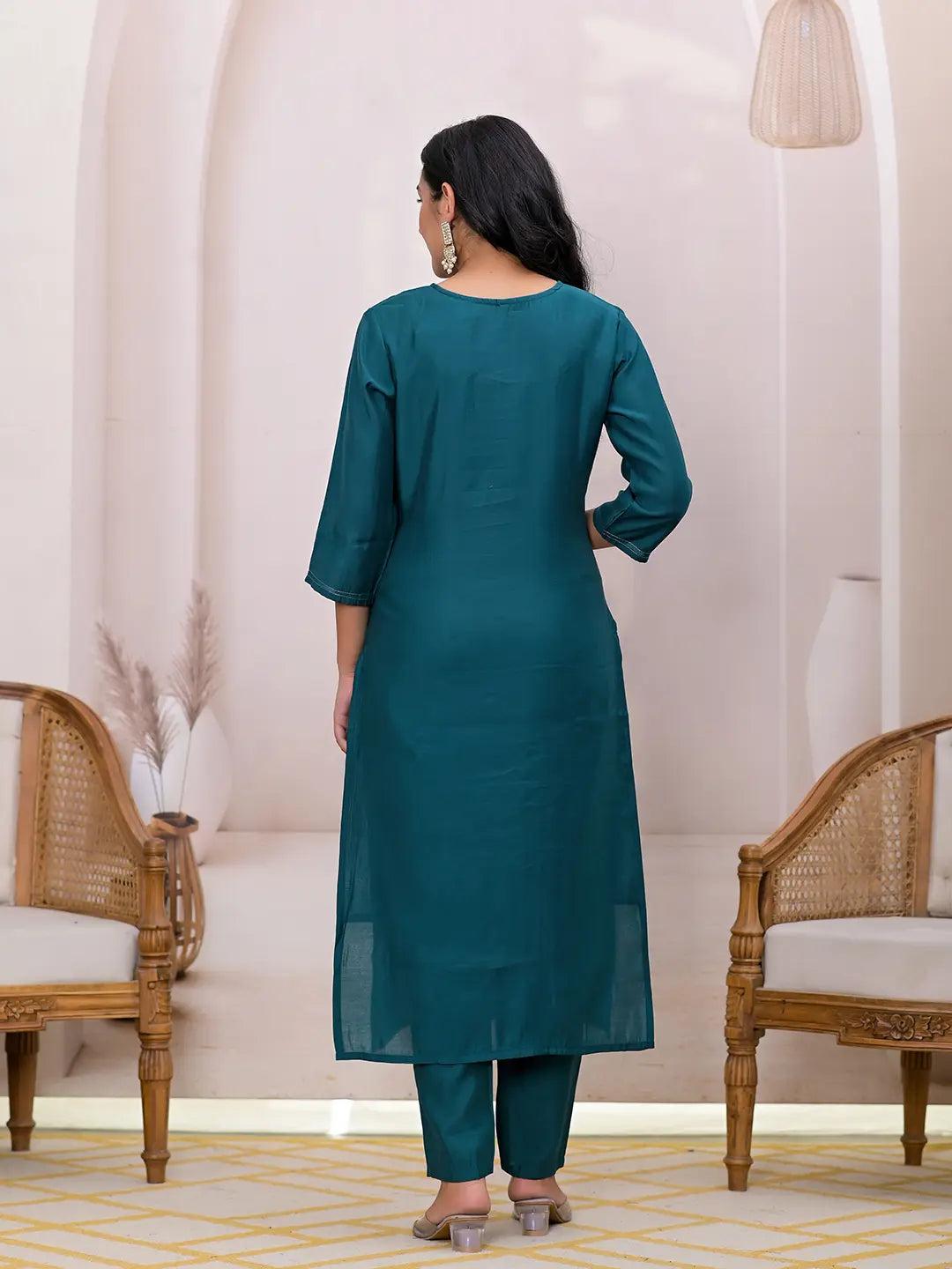 Teal Green Embroidered Silk Blend Straight Kurta Dupatta Set-Yufta Store-7124SKDTGS