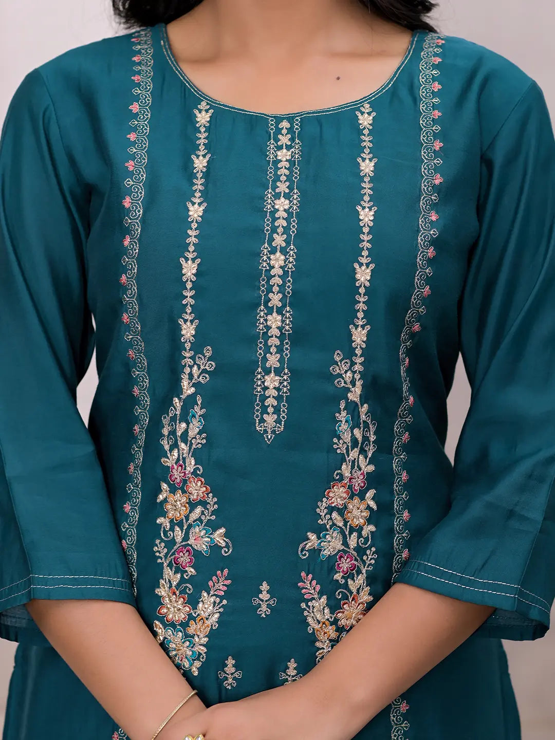 Teal Green Embroidered Silk Blend Straight Kurta Dupatta Set-Yufta Store-7124SKDTGS