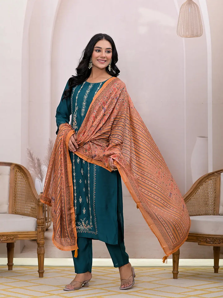 Teal Green Embroidered Silk Blend Straight Kurta Dupatta Set-Yufta Store-7124SKDTGS