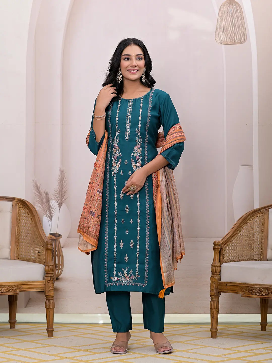 Teal Green Embroidered Silk Blend Straight Kurta Dupatta Set-Yufta Store-7124SKDTGS