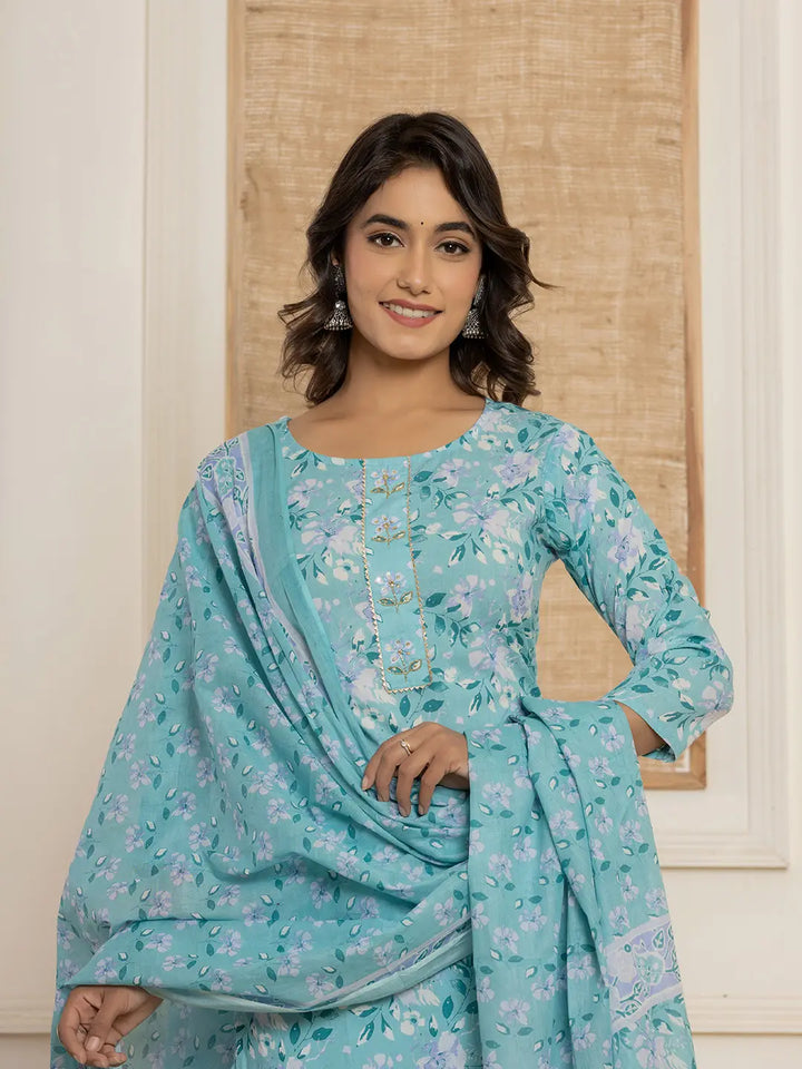 Teal Green Floral Print Cotton Straight Style Kurta And Trousers With Dupatta Set