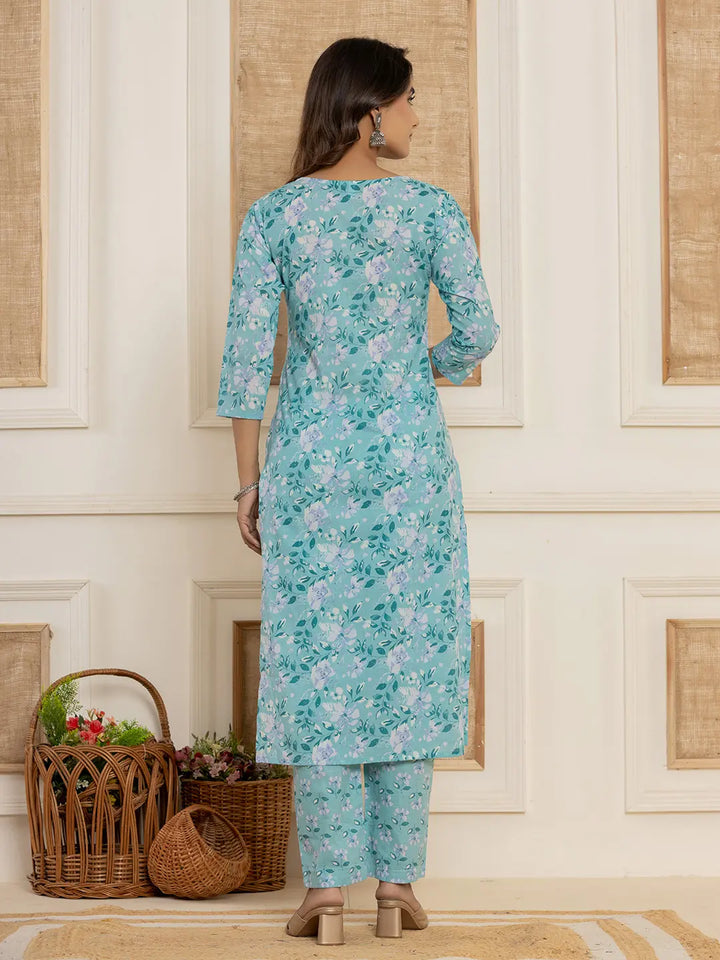Teal Green Floral Print Cotton Straight Style Kurta And Trousers With Dupatta Set