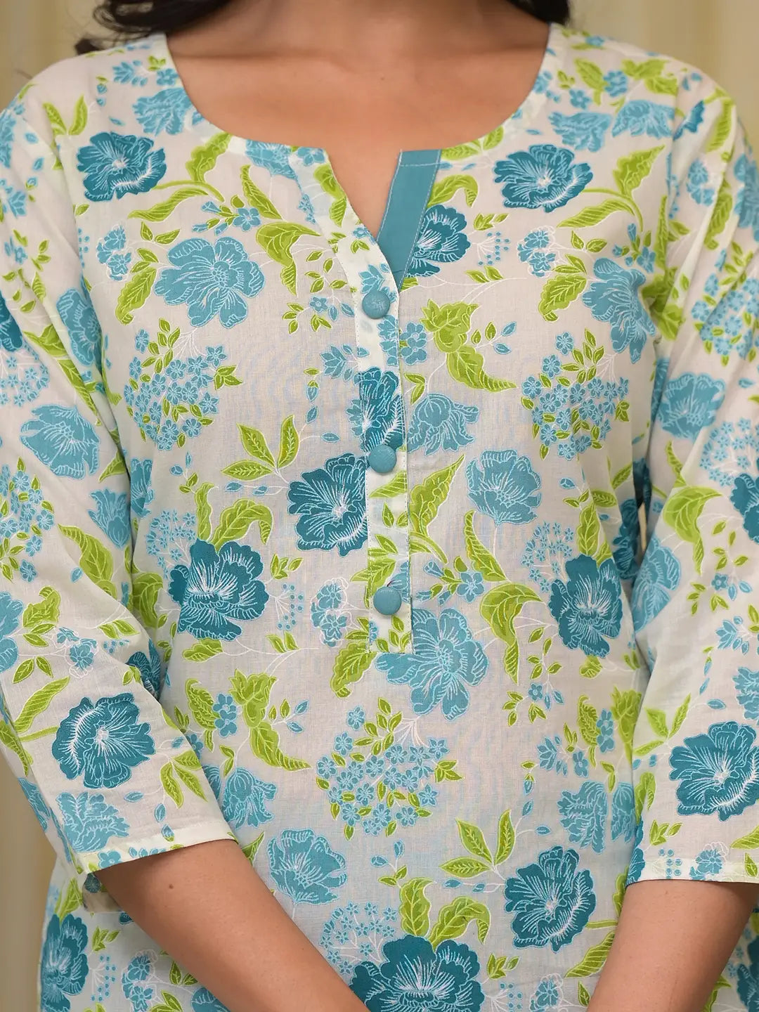 Teal Green Floral Print Straight Button Show On Yoke Kurta Trouser And Dupatta Set-Yufta Store-6851SKDTGS