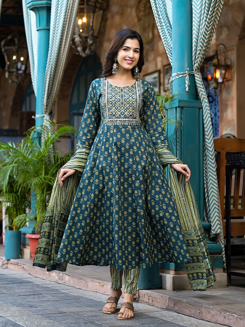 Teal Green Floral Sequins_Work Kurta Trouser With Dupatta Set-Yufta Store-1280SKDTGS