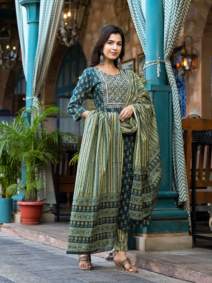 Teal Green Floral Sequins_Work Kurta Trouser With Dupatta Set-Yufta Store-1280SKDTGS