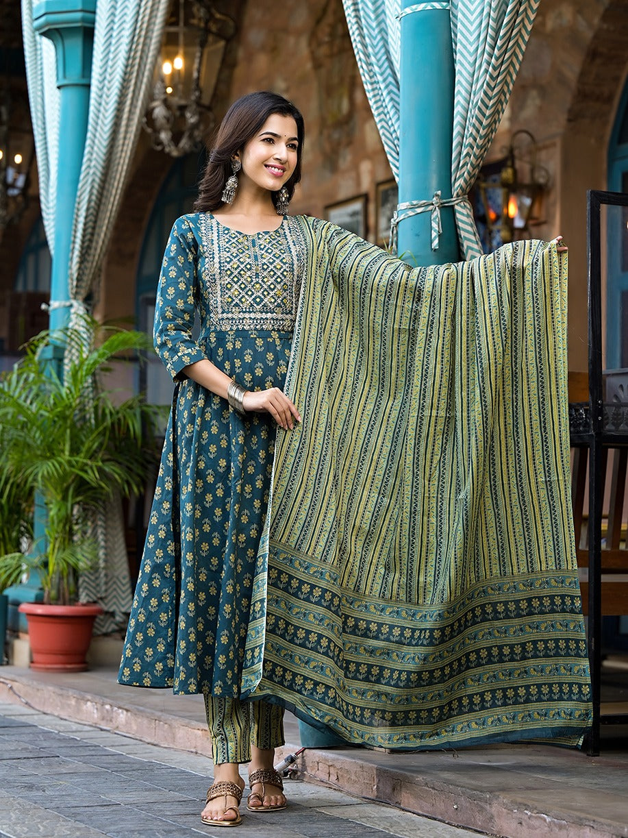 Teal Green Floral Sequins_Work Kurta Trouser With Dupatta Set-Yufta Store-1280SKDTGS