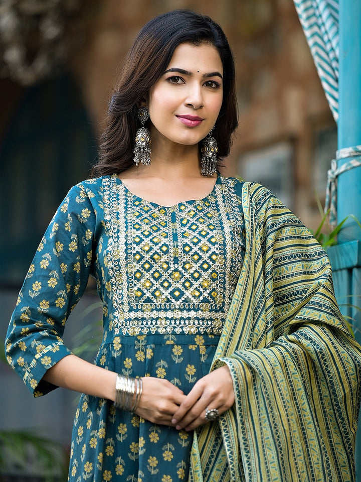 Teal Green Floral Sequins_Work Kurta Trouser With Dupatta Set-Yufta Store-1280SKDTGS