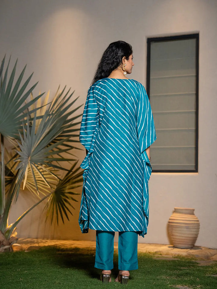 Teal Green Leheriya Embroidered Kaftan Kurta Set-Yufta Store-6899SETTGS