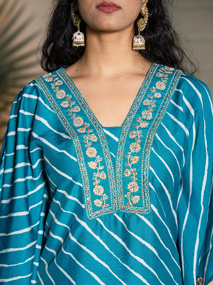 Teal Green Leheriya Embroidered Kaftan Kurta Set-Yufta Store-6899SETTGS