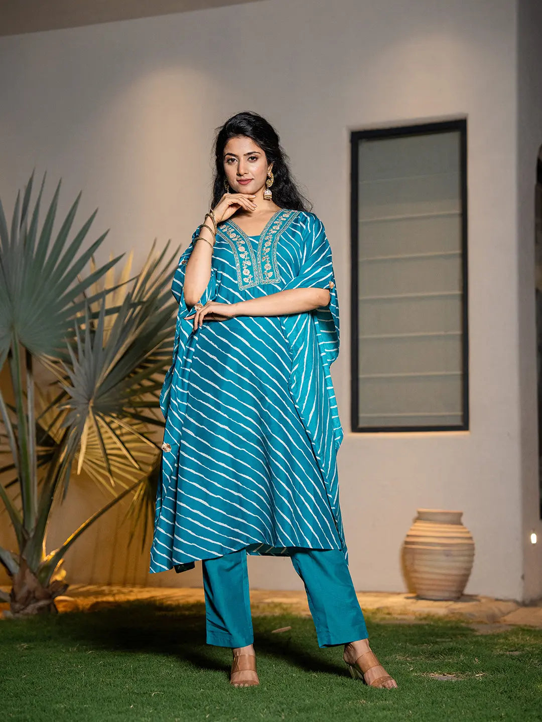 Teal Green Leheriya Embroidered Kaftan Kurta Set-Yufta Store-6899SETTGS