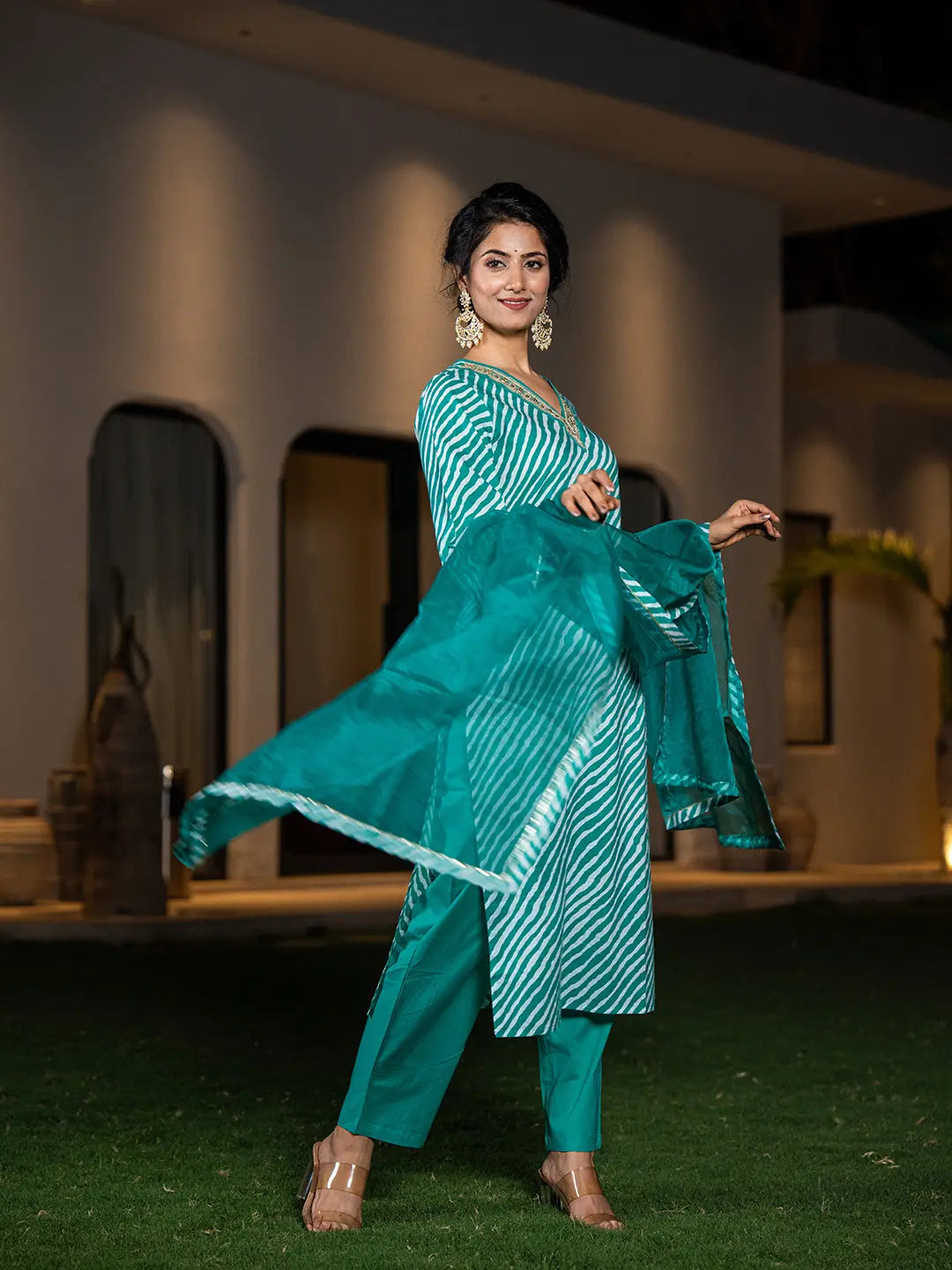 Teal Green Leheriya Print Cotton Straight Suit Set-Yufta Store-6960SKDTGS