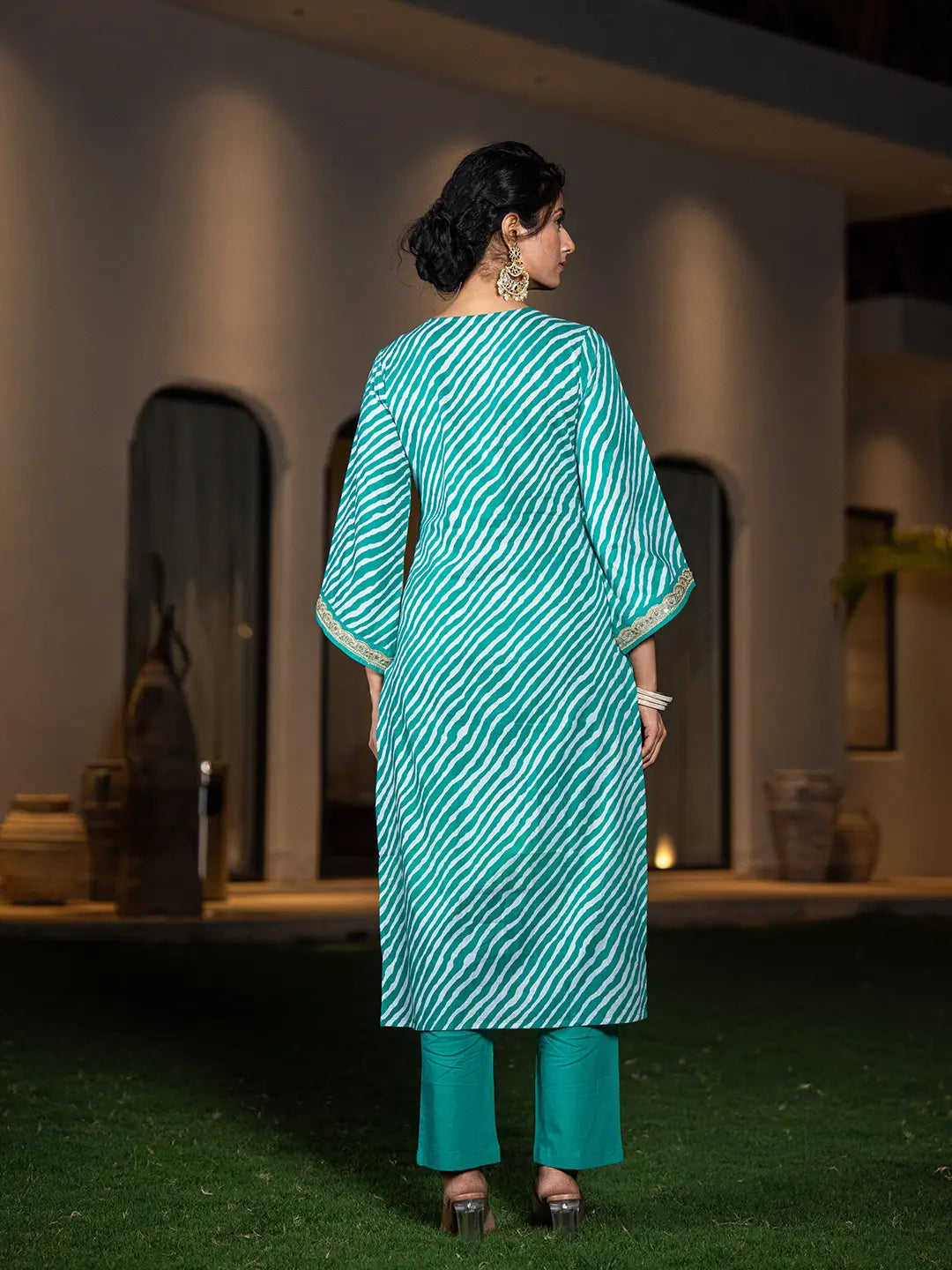 Teal Green Leheriya Print Cotton Straight Suit Set-Yufta Store-6960SKDTGS