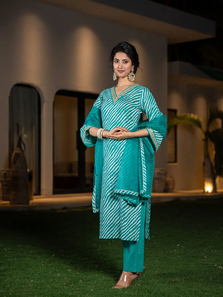 Teal Green Leheriya Print Cotton Straight Suit Set-Yufta Store-6960SKDTGS