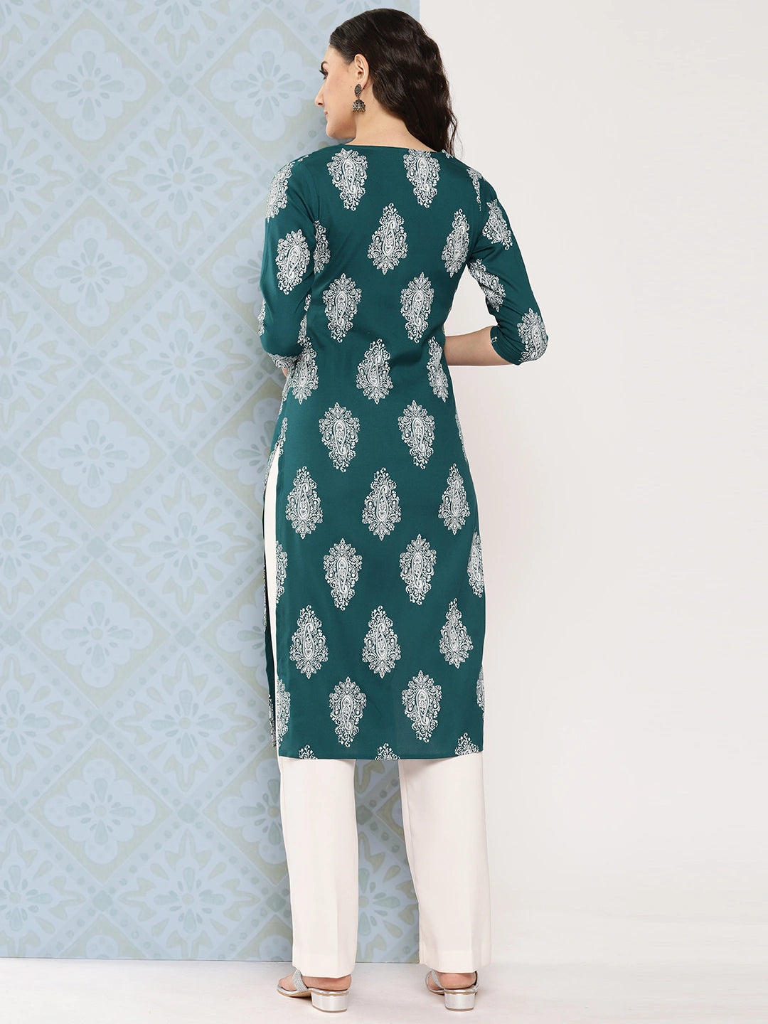 Teal Green Paisley Printed Kurta-Yufta Store-1482KURTGS