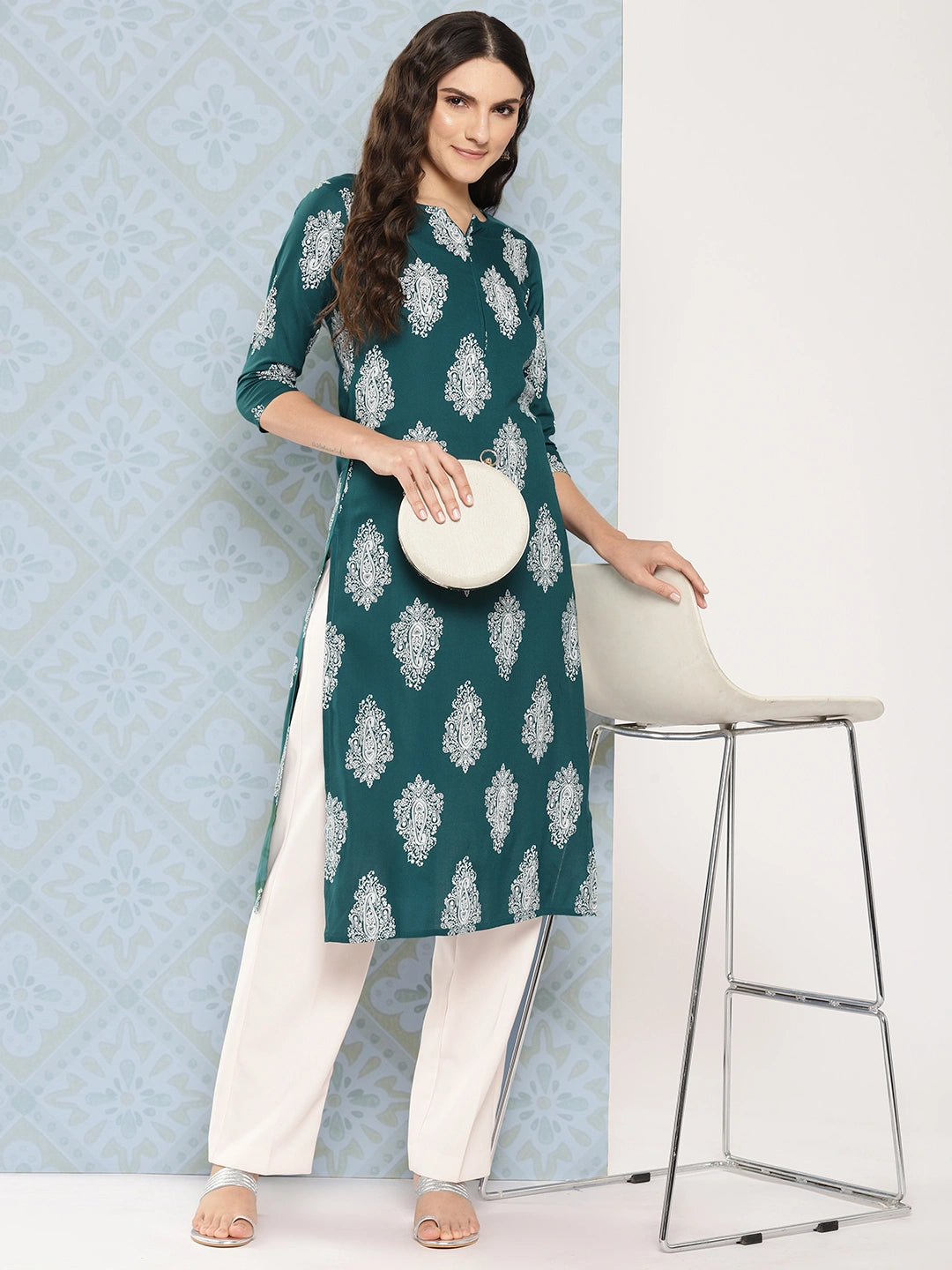 Teal Green Paisley Printed Kurta-Yufta Store-1482KURTGS