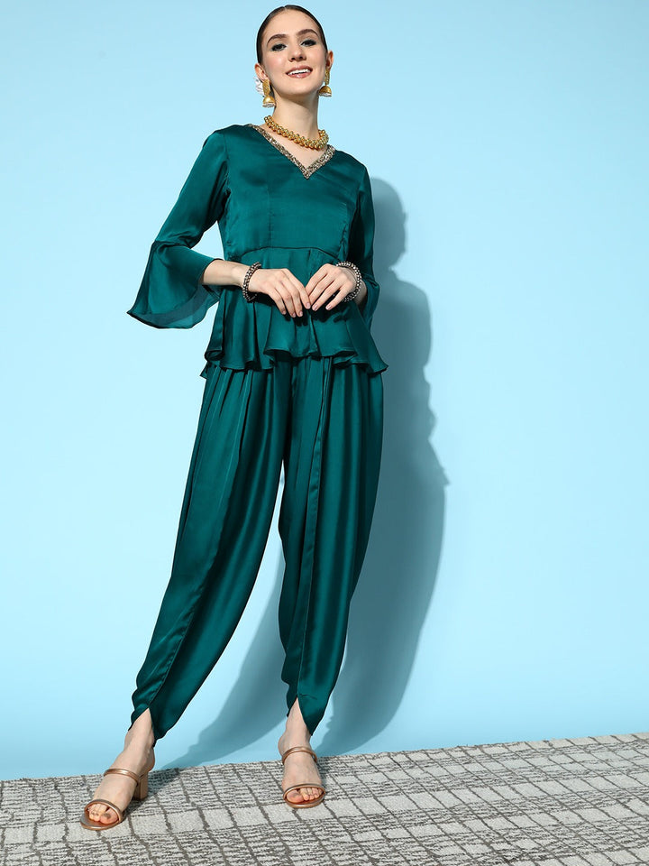 Teal Green Peplum Top With Dhoti Pants-Yufta Store-8121CRDTGXS