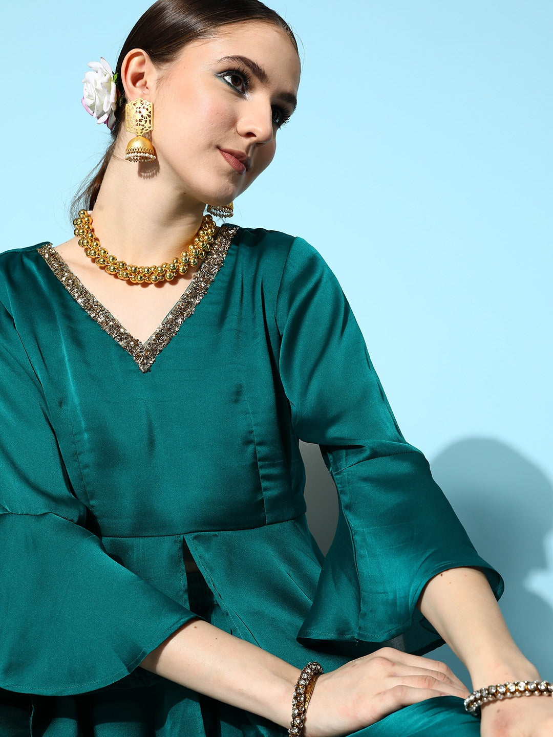 Teal Green Peplum Top With Dhoti Pants-Yufta Store-8121CRDTGXS