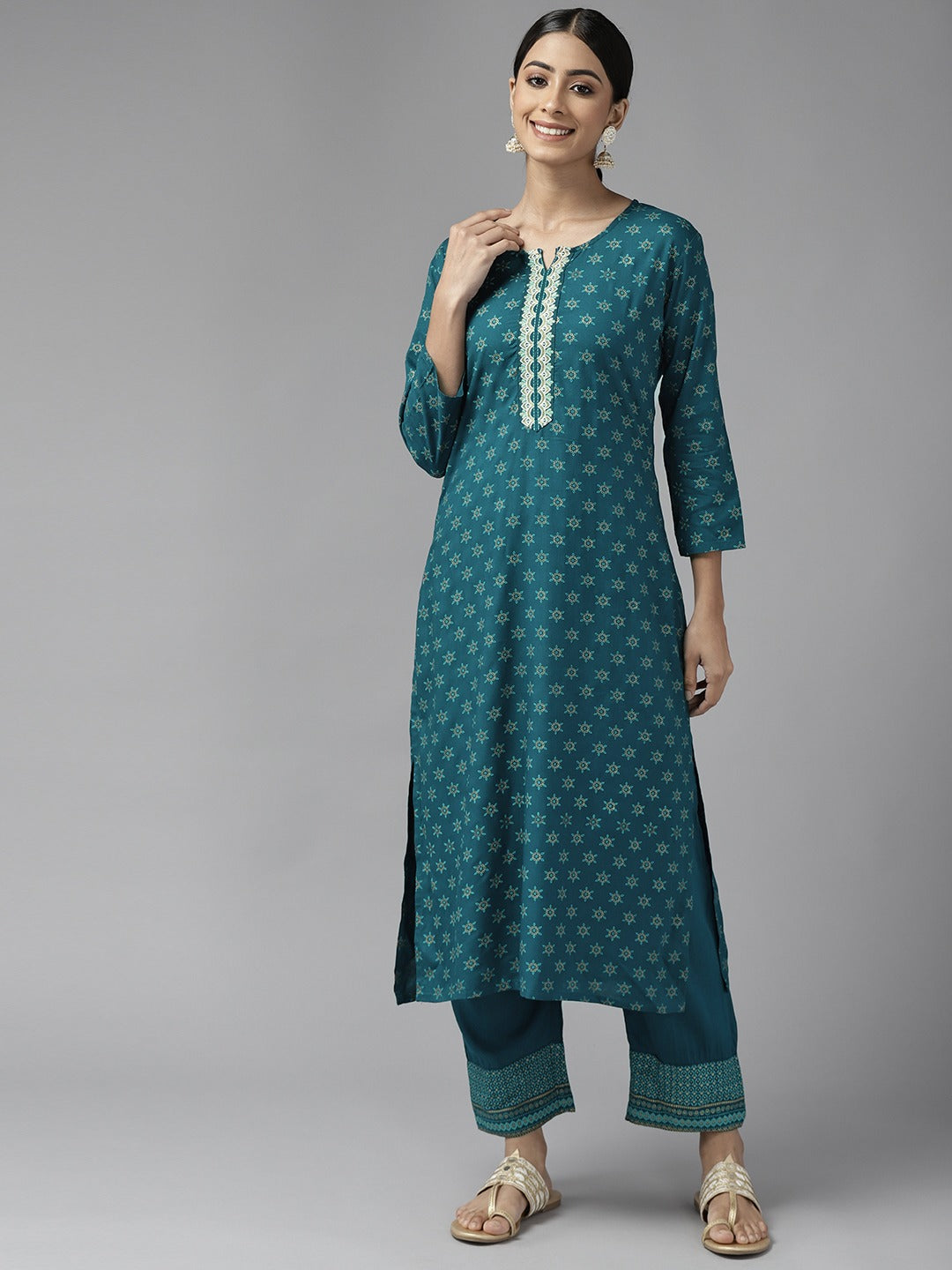 Teal Green Printed Kurta Set-Yufta Store-9739SETTGS