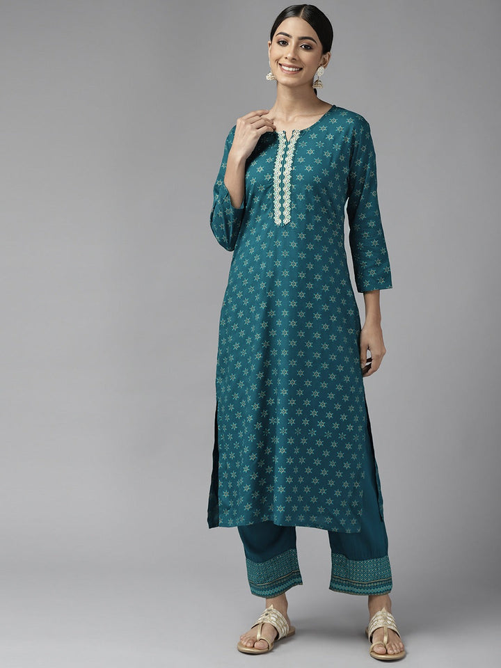 Teal Green Printed Kurta Set-Yufta Store-9739SETTGS