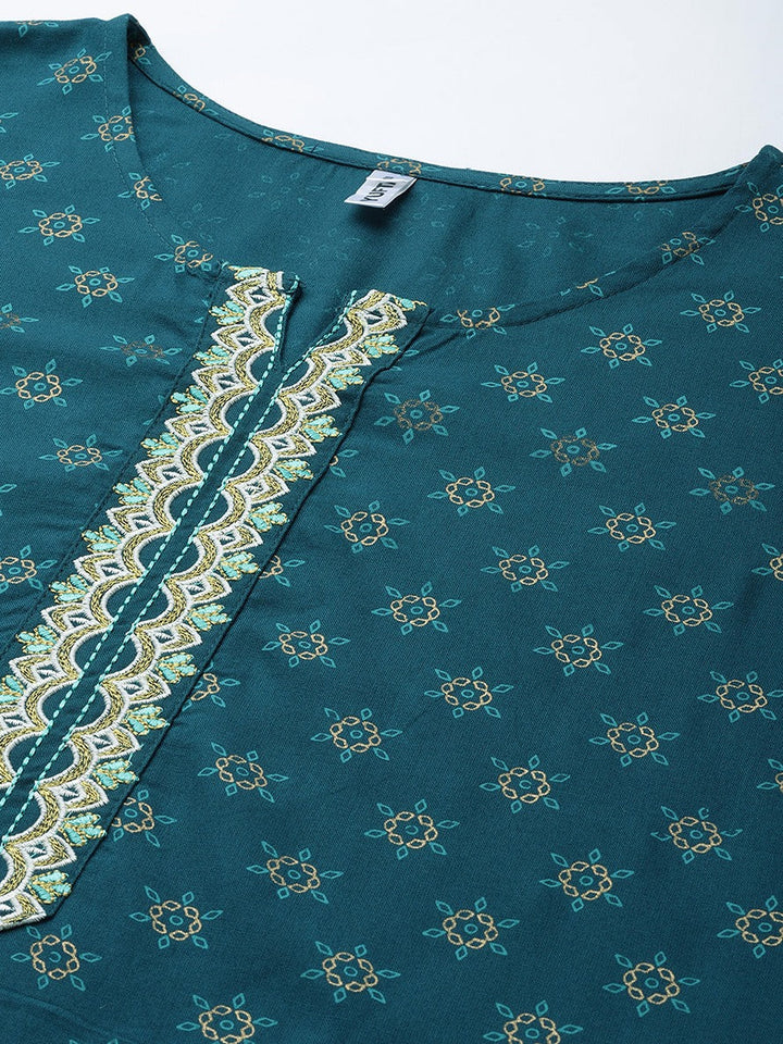 Teal Green Printed Kurta Set-Yufta Store-9739SETTGS